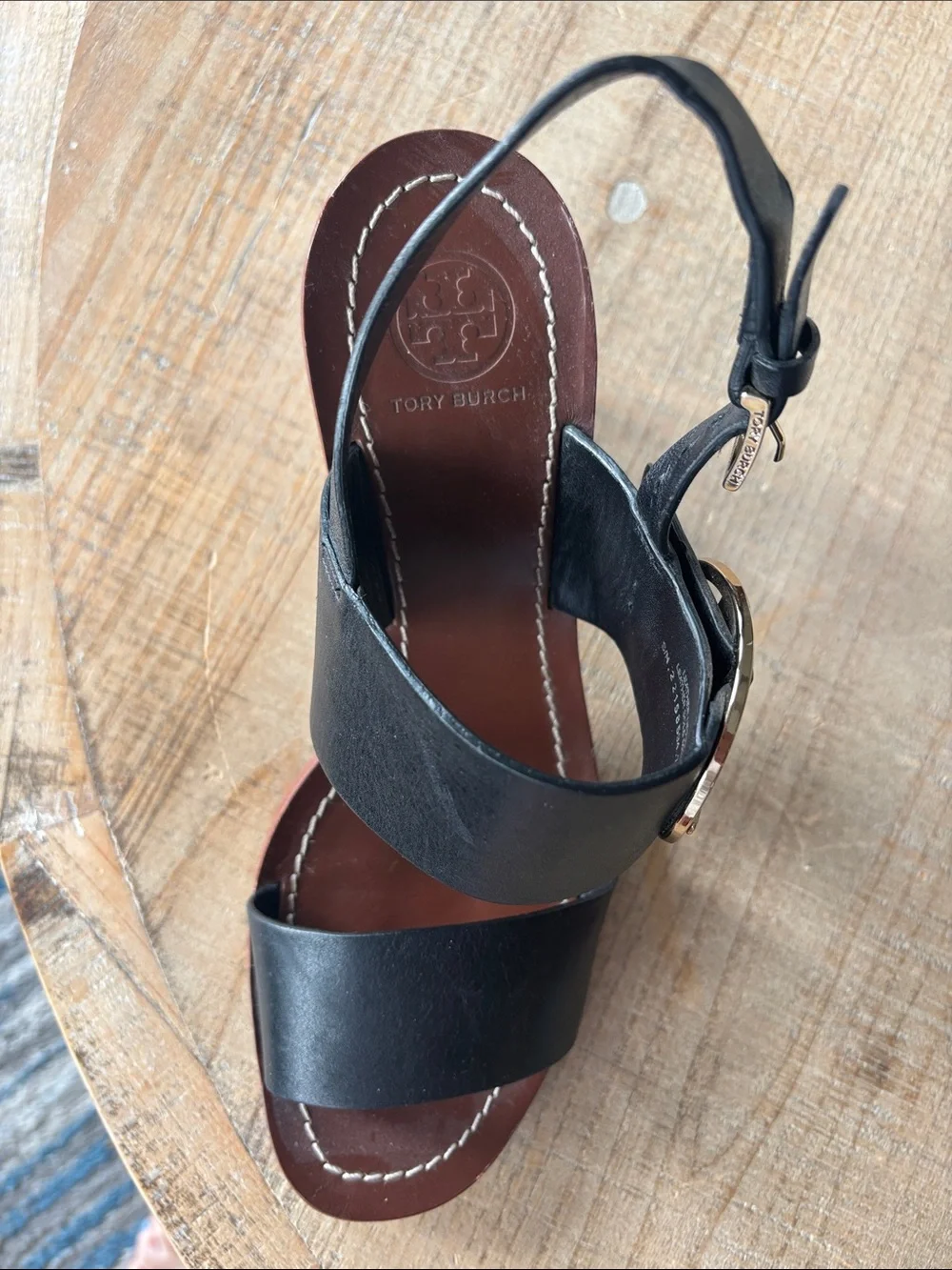Tory Burch Black Leather Block Heel Sandals with Gold Emblem